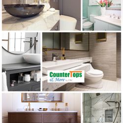 Countertops and More - Collage of custom bathrooms featuring stone countertops, vessel sinks, and elegant finishes.