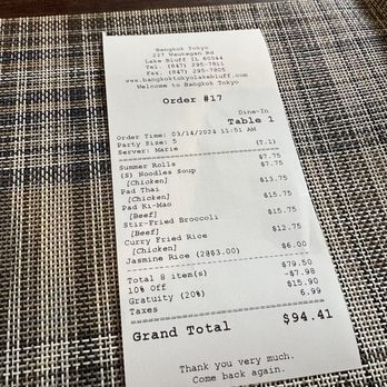 Bangkok Tokyo - Our receipt... - Japanese Near Me - Lake Bluff, Illinois Bangkok Tokyo - Our receipt... - Japanese Near Me - Lake Bluff, Illinois