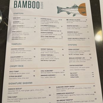 Bamboo Sushi - Starters, Tempura, Oysters, Crispy Rice, and Signature Sashimi menu at Bamboo Sushi at the University Village Shopping Center in Seattle. - Sushi Bars Near Me - Seattle, Washington