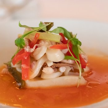 Michael Mina - Monterey Bay Squid : Bell Pepper Dashi, Urfa Chili Oil & Yuzu. Tender squid with a splash of citrus and spice. - New American Near Me - Las Vegas, Nevada Michael Mina - Monterey Bay Squid : Bell Pepper Dashi, Urfa Chili Oil & Yuzu. Tender squid with a splash of citrus and spice. - New American Near Me - Las Vegas, Nevada