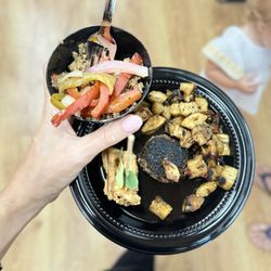 UnAltrd - Stir Fry Quinoa, Break-fast Plate (quinoa Sausage patties & home fries (burro bananas) & Chicken (fried mushrooms) & (Kamut) Waffles