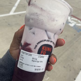 Kung Fu Tea - Purple yam latte with milk cap (sea salt if they have it), less ice, regular sweetness. - Coffee & Tea Near Me - Richmond, Texas