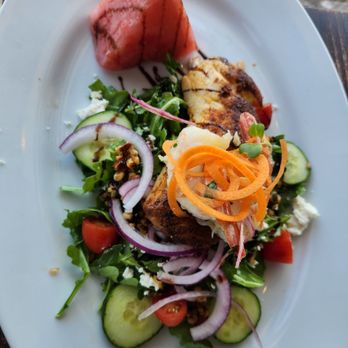 The Fish Hopper - Cajun local halibut & garlic prawns salad $34.95 - Seafood Near Me - Monterey, California The Fish Hopper - Cajun local halibut & garlic prawns salad $34.95 - Seafood Near Me - Monterey, California