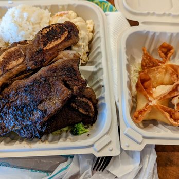 Ono Hawaiian BBQ - My meal, the Short Rib plate and Crab Rangoon - Barbeque Near Me - Fresno, California Ono Hawaiian BBQ - My meal, the Short Rib plate and Crab Rangoon - Barbeque Near Me - Fresno, California