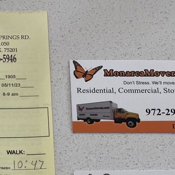 Monarca Movers - Business card, part of moving receipt - Movers Near Me - Dallas, Texas