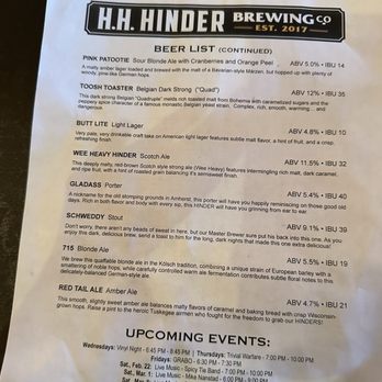 H.H. Hinder Brewing Co - Beer menu - Breweries Near Me - Waupaca, Wisconsin H.H. Hinder Brewing Co - Beer menu - Breweries Near Me - Waupaca, Wisconsin