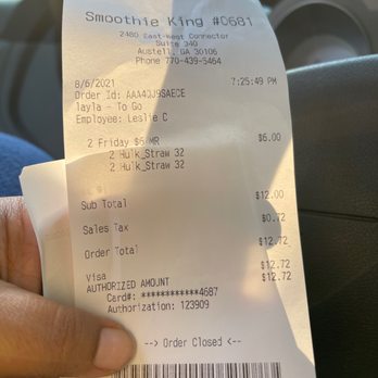 Smoothie King - Receipt from smoothie king - Juice Bars & Smoothies Near Me - Austell, Georgia Smoothie King - Receipt from smoothie king - Juice Bars & Smoothies Near Me - Austell, Georgia