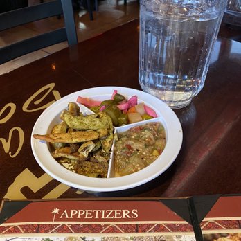 Al Bawadi Grill - Complimentary pickled veg, crispy, pita and eggplant with tomato - Mediterranean Near Me - Bridgeview, Illinois