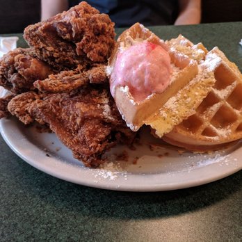 Metro Diner - Fried chicken with waffle and strawberry butter - American Near Me - Matthews, North Carolina Metro Diner - Fried chicken with waffle and strawberry butter - American Near Me - Matthews, North Carolina