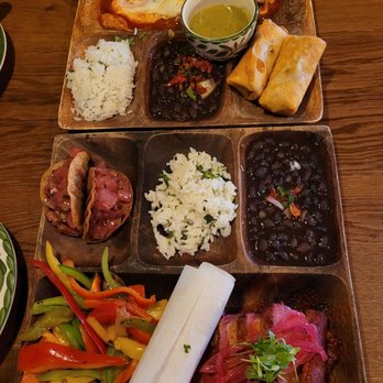 The Hideaway - Birria fajitas w/tuna tartare (bottom) & enchiladas w/wagyu (top) - Steakhouses Near Me - Beverly Hills, California