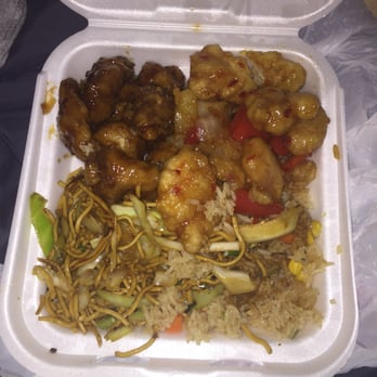 Panda Express - Half and half fried rice and lomein, orange chicken and fiery chicken. - Chinese Near Me - Clinton, Maryland