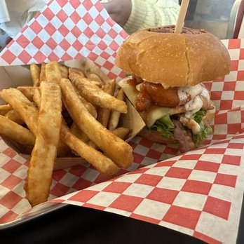 Burly Burger - The Farley Burger, buffalo chicken strip with blue cheese dressing on top of the burger patty. With Fries. - American Near Me - South Weber, Utah