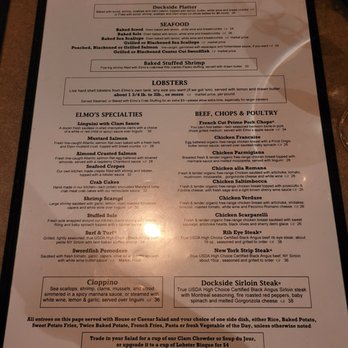 Elmo's Dockside - Menu - Back - Seafood Near Me - Vernon, Connecticut