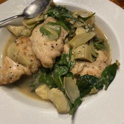 Depalmas Italian Cafe - Chicken scallopini with fresh spinach angel hair pasta, fresh spinach, artichoke hearts, and capers. So delicious!