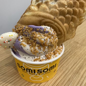 Somisomi - Ube and Milk Tea, upside down, with coconut flakes - Ice Cream & Frozen Yogurt Near Me - Pleasanton, California Somisomi - Ube and Milk Tea, upside down, with coconut flakes - Ice Cream & Frozen Yogurt Near Me - Pleasanton, California