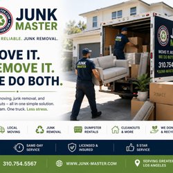 Junk Master - Local moving, junk removal, furniture removal, home cleanouts, office moving, dumpster rentals, packing, hauling, and donation pickup.