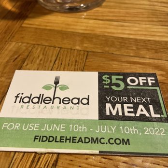 Fiddlehead Restaurant - Our server gave this to us because of the very, very slow service and forgetting to put our appetizer order in. 5.27.22 - New American Near Me - Michigan City, Indiana Fiddlehead Restaurant - Our server gave this to us because of the very, very slow service and forgetting to put our appetizer order in. 5.27.22 - New American Near Me - Michigan City, Indiana