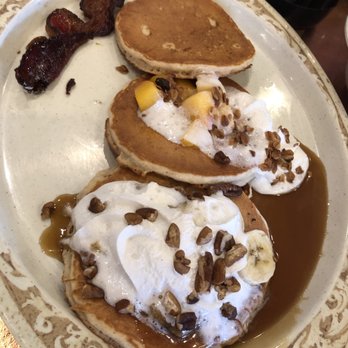 Another Broken Egg Cafe - Pancake Trio Flight - Peach Cobbler, Bananas Foster and Buttermilk - Breakfast & Brunch Near Me - Madison, Alabama