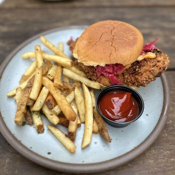 Burial Beer Forestry Camp - Fried Chicken Sandwich - Kimchi, Gochujang Mayo, Pickled Cabbage, Chili Crisp, Potato Roll (aka DELICIOUS) - Breweries Near Me - Asheville, North Carolina Burial Beer Forestry Camp - Fried Chicken Sandwich - Kimchi, Gochujang Mayo, Pickled Cabbage, Chili Crisp, Potato Roll (aka DELICIOUS) - Breweries Near Me - Asheville, North Carolina