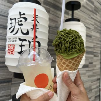 Tendon Kohaku - Ceremonial Matcha Soft cream and iced Yuzu Soda (very sour) - Japanese Near Me - Bellevue, Washington Tendon Kohaku - Ceremonial Matcha Soft cream and iced Yuzu Soda (very sour) - Japanese Near Me - Bellevue, Washington