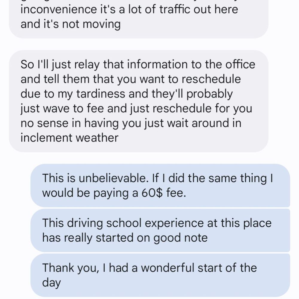 The conversation with one of the instructors who cancelled the class after the start time. No personal details are shared here.