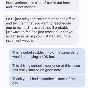 Nova Driving School - The conversation with one of the instructors who cancelled the class after the start time. No personal details are shared here. - Driving Schools Near Me - Chicago, Illinois