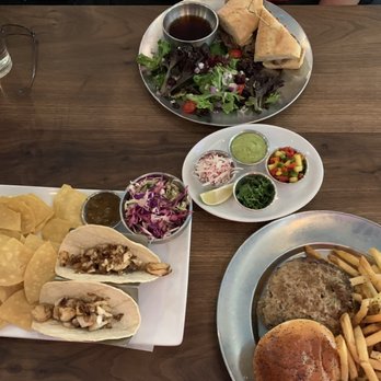 Eureka! - Fish taco with fillings in the middle, sandwich dip with salad side upgrade - American Near Me - Cupertino, California