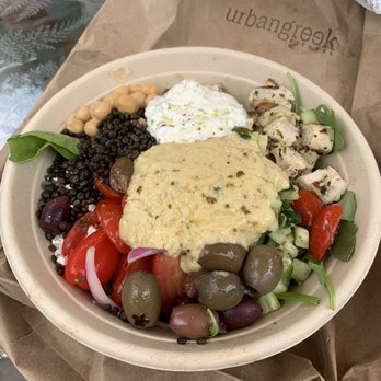 Urban Greek Kitchen - Chicken bowl with arugula, mixed greens and tons of toppings - Greek Near Me - Shelton, Connecticut Urban Greek Kitchen - Chicken bowl with arugula, mixed greens and tons of toppings - Greek Near Me - Shelton, Connecticut