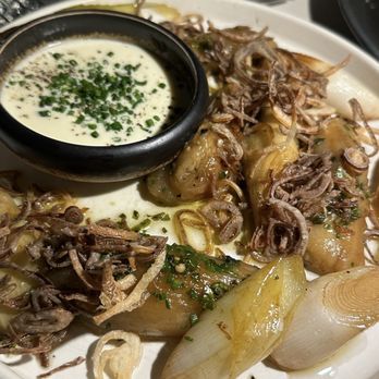 Lark - Paired with tbone steak (not on menu) Grilled leaks and eggplants with fried onions - New American Near Me - Bala Cynwyd, Pennsylvania