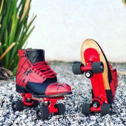 Slydz By Dnice - Stacy Baldwin boot custom muiti-color dye. Splatter paint. Red powder coat. Fomac clays shaved down with abec 7 bearings