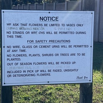 Graceland East Memorial Park - Permanent sign at both entrances stating out of season flowers will be removed. - Funeral Services & Cemeteries Near Me - Simpsonville, South Carolina Graceland East Memorial Park - Permanent sign at both entrances stating out of season flowers will be removed. - Funeral Services & Cemeteries Near Me - Simpsonville, South Carolina