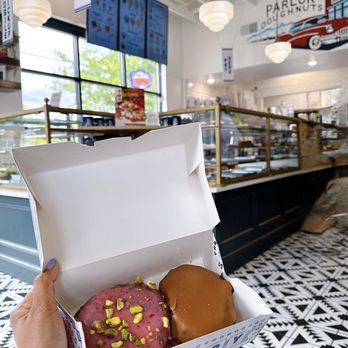 Parlor Doughnuts - Raspberry Pistachio and Bourbon Caramel - Coffee & Tea Near Me - Grand Blanc, Michigan