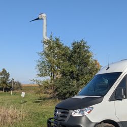 Worlds Largest Sandhill Crane - Sandy, the World's Largest Sandhill Crane. With my van for scale. That's as close as I could drive.