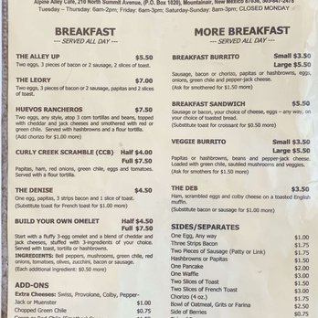 Alpine Alley - Menu page 1 - Breakfast & Brunch Near Me - Mountainair, New Mexico