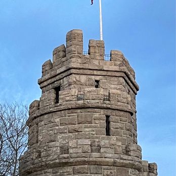 The Grand Union Flag - The Grand Union Flag - The First National Flag of the US flies over The Prospect Hill  Monument in Somerville MA. - Landmarks & Historical Buildings Near Me - Somerville, Massachusetts