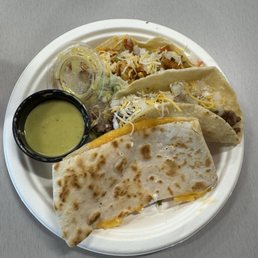 Chicken taco, beef taco, and cheese quesadilla