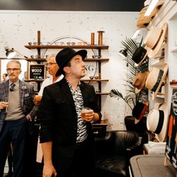 The Ella Bing Haberdashery - One of our clients, Patrick viewing our Gorrin Bros hats