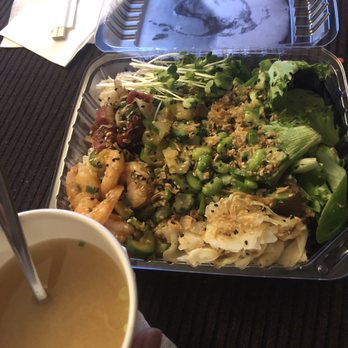 Ahipoki - Miso Soup and Regular Bowl with kimchi shrimp and vegetarian tuna (tomato) - Poke Near Me - Upland, California