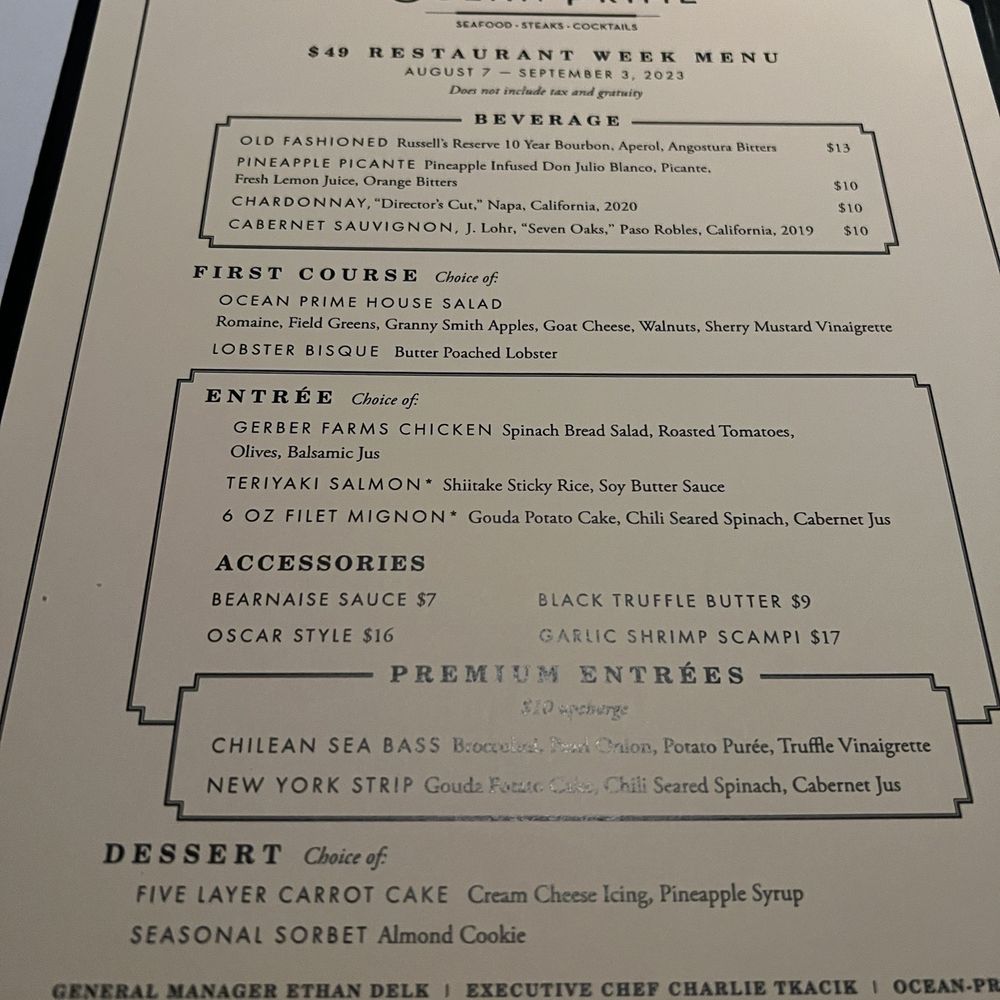 Ocean Prime - Restaurant Week Menu 2023 - Seafood Near Me - Dallas, Texas