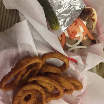 The Works Grill - Gyros sandwich and onion rings - Greek Near Me - Glenview, Illinois The Works Grill - Gyros sandwich and onion rings - Greek Near Me - Glenview, Illinois