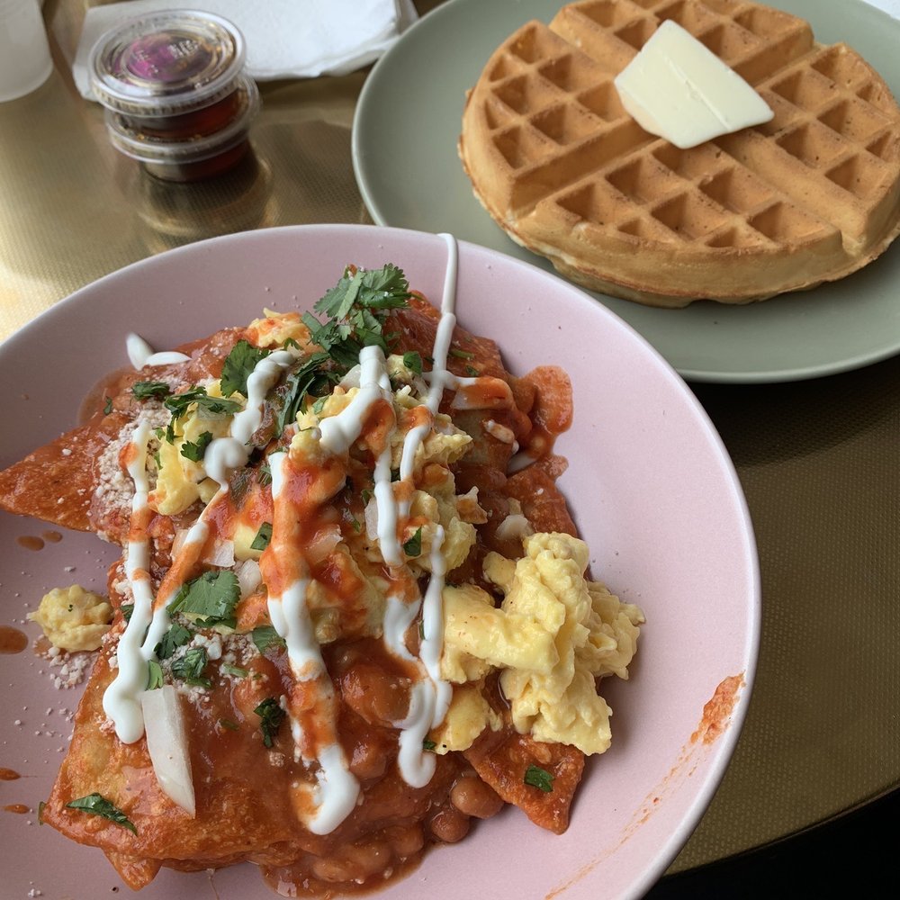 Chismosa Cafe - Rojo Red Chilaquiles Sourdough Waffle - New Mexican Cuisine Near Me - Covina, California Chismosa Cafe - Rojo Red Chilaquiles Sourdough Waffle - New Mexican Cuisine Near Me - Covina, California