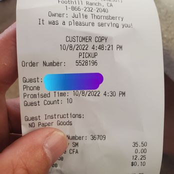 Chick-fil-A - Receipt - Fast Food Near Me - Foothill Ranch, California