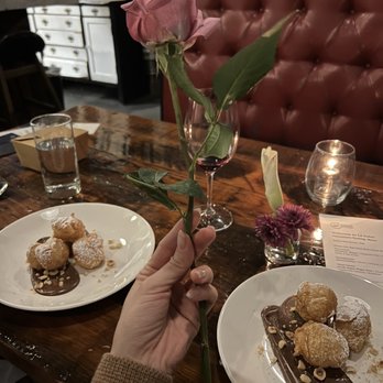 Le Coin - Delicious gianduja with beignets, and server dropped off a rose - Seafood Near Me - Seattle, Washington
