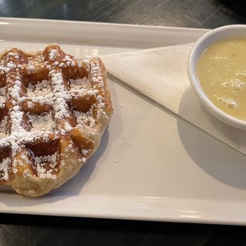 Medina Cafe - Waffle with white chocolate pistachio sauce - Breakfast & Brunch Near Me - Vancouver, British Columbia