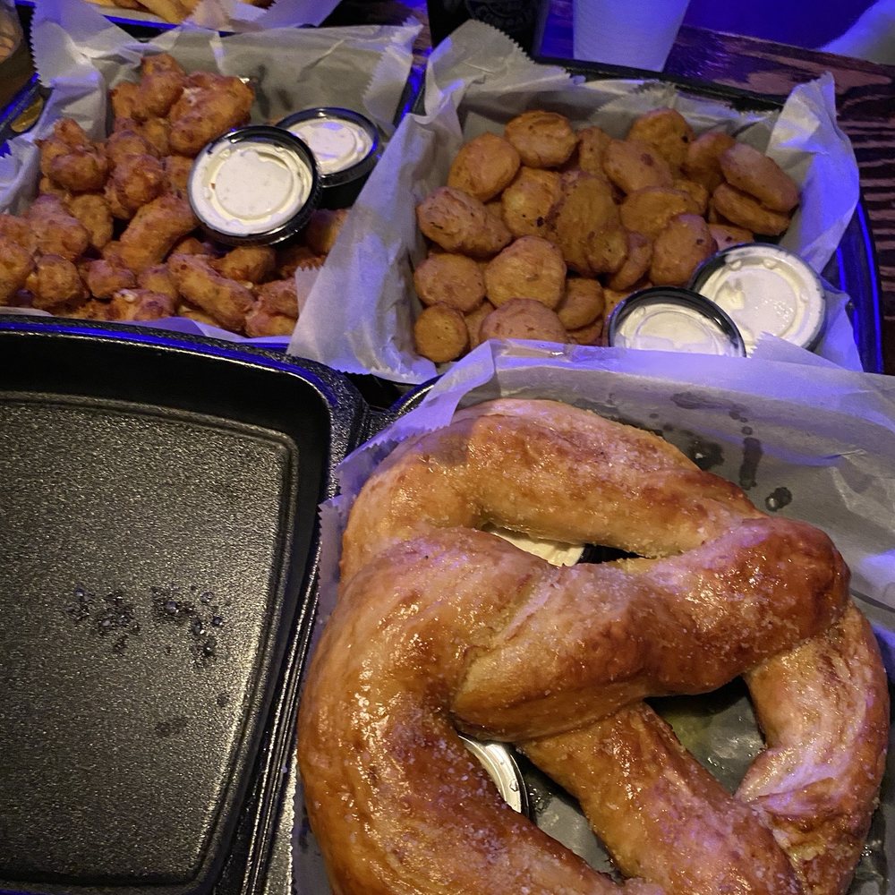 Pretzel, fried pickles and cheese curds