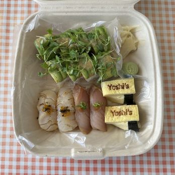 Yoshi’s Sushi - The spread - Lime Green Roll with salmon, seared albacore nigiri, Hotate, Tamago - IG @bougiefoodieboi - Sushi Bars Near Me - Portland, Oregon Yoshi’s Sushi - The spread - Lime Green Roll with salmon, seared albacore nigiri, Hotate, Tamago - IG @bougiefoodieboi - Sushi Bars Near Me - Portland, Oregon