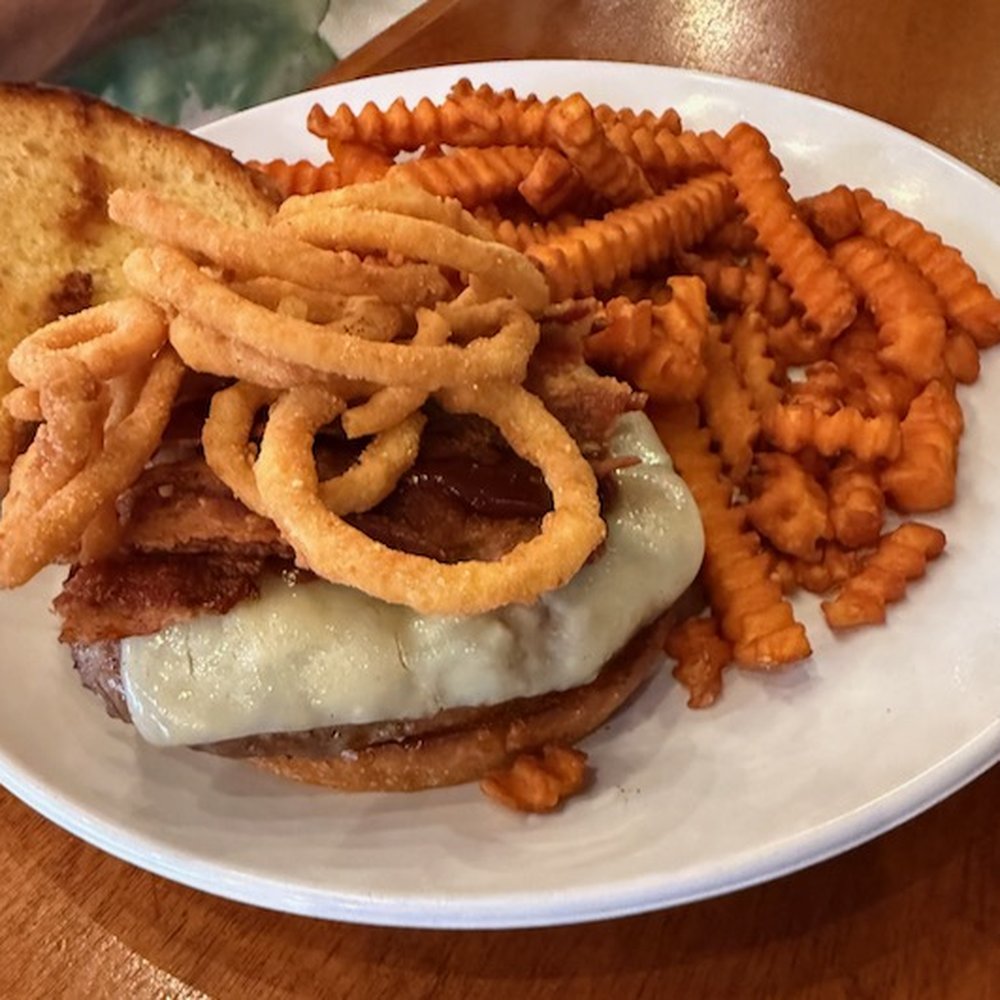 Waterworks Restaurant & Pub - Burger with bacon, cheese and onion rings and fries - Pubs Near Me - Rockland, Maine Waterworks Restaurant & Pub - Burger with bacon, cheese and onion rings and fries - Pubs Near Me - Rockland, Maine
