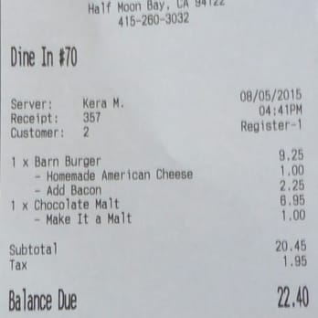 The Barn - $22.40 for a burger and chocolate malt definitely pinches the wallet a little more than some other places around here. - Burgers Near Me - Half Moon Bay, California