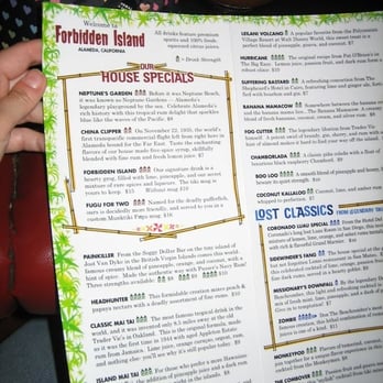 Forbidden Island - Part of the menu with all of the fun drinks listed - Tiki Bars Near Me - Alameda, California