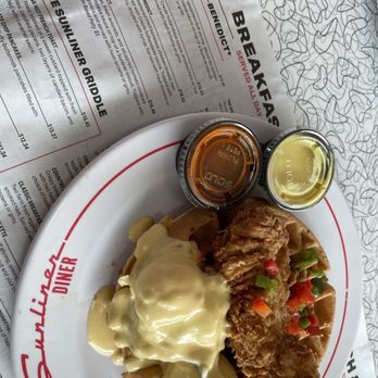 Sunliner Diner - The "chicken and waffle" Benedict only has 1/2 a waffle. "I don't make the MENU" was the manager's response. - Diners Near Me - Gulf Shores, Alabama Sunliner Diner - The "chicken and waffle" Benedict only has 1/2 a waffle. "I don't make the MENU" was the manager's response. - Diners Near Me - Gulf Shores, Alabama